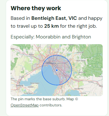 The Where they work section of a tradie page, with a map showing the travel radius from the base suburb