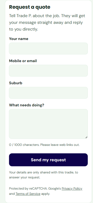 The Request a quote form on a tradie page with name, contact, suburb and job description fields