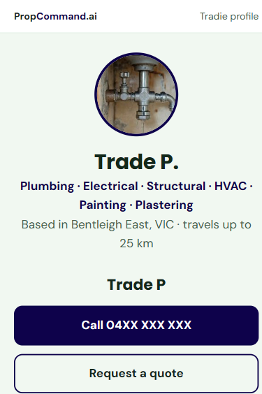 Top of a tradie page on a phone: profile photo, name, trades, area, a Call button and a Request a quote button