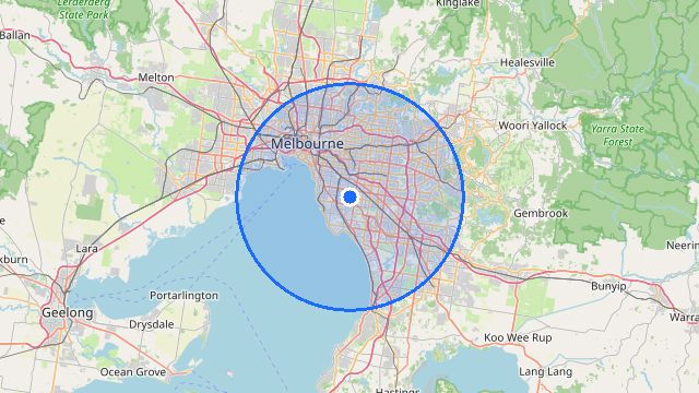 Map showing the base suburb and a 25 km service radius